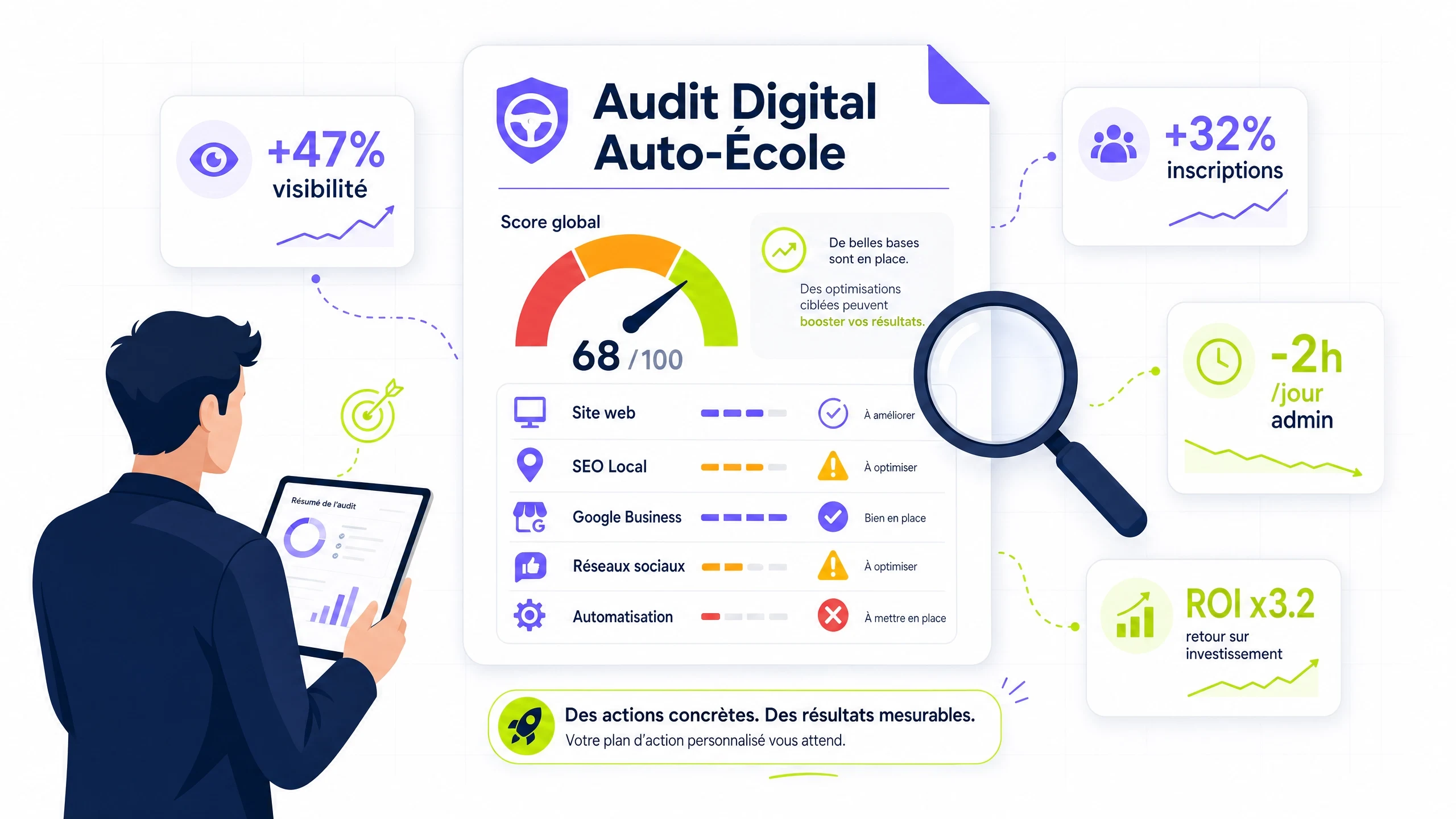 Rapport d'audit digital pour auto-école Drive Web Solutions : analyse SEO, réseaux sociaux, outils de gestion et concurrence avec recommandations priorisées