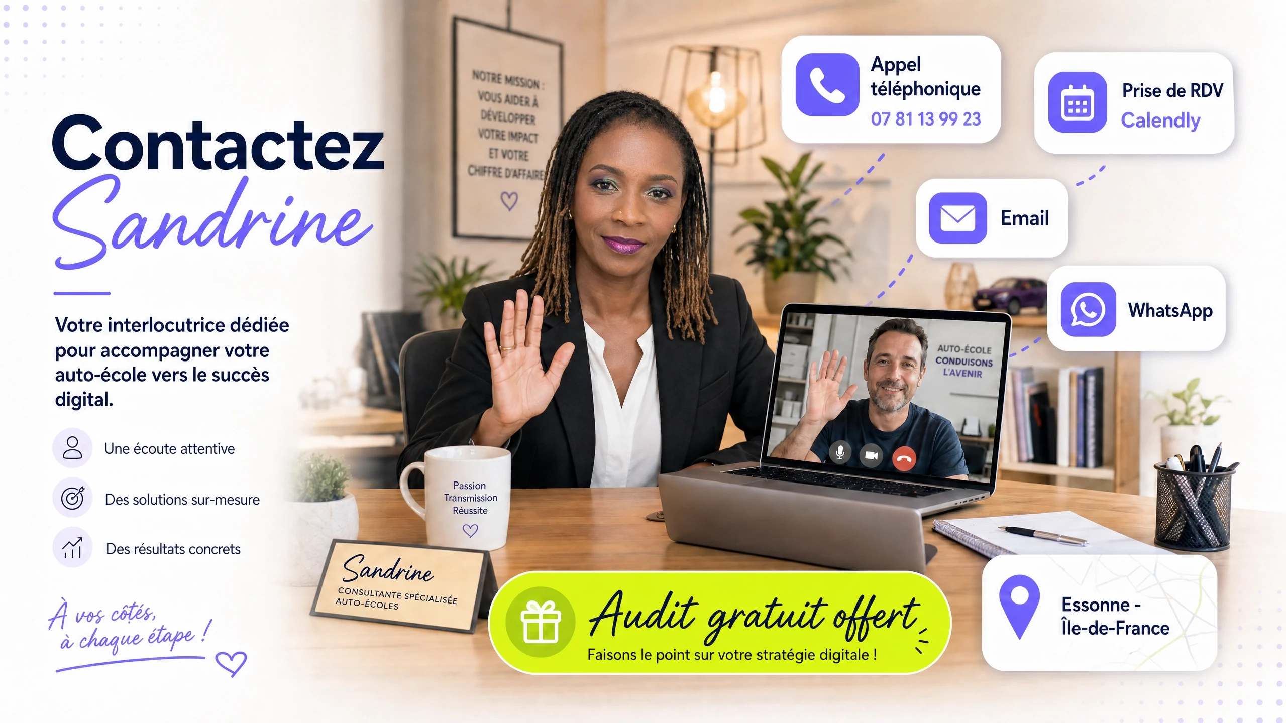 Contactez Drive Web Solutions - équipe disponible par email, téléphone, visio et rendez-vous pour accompagner les auto-écoles et centres ECSR