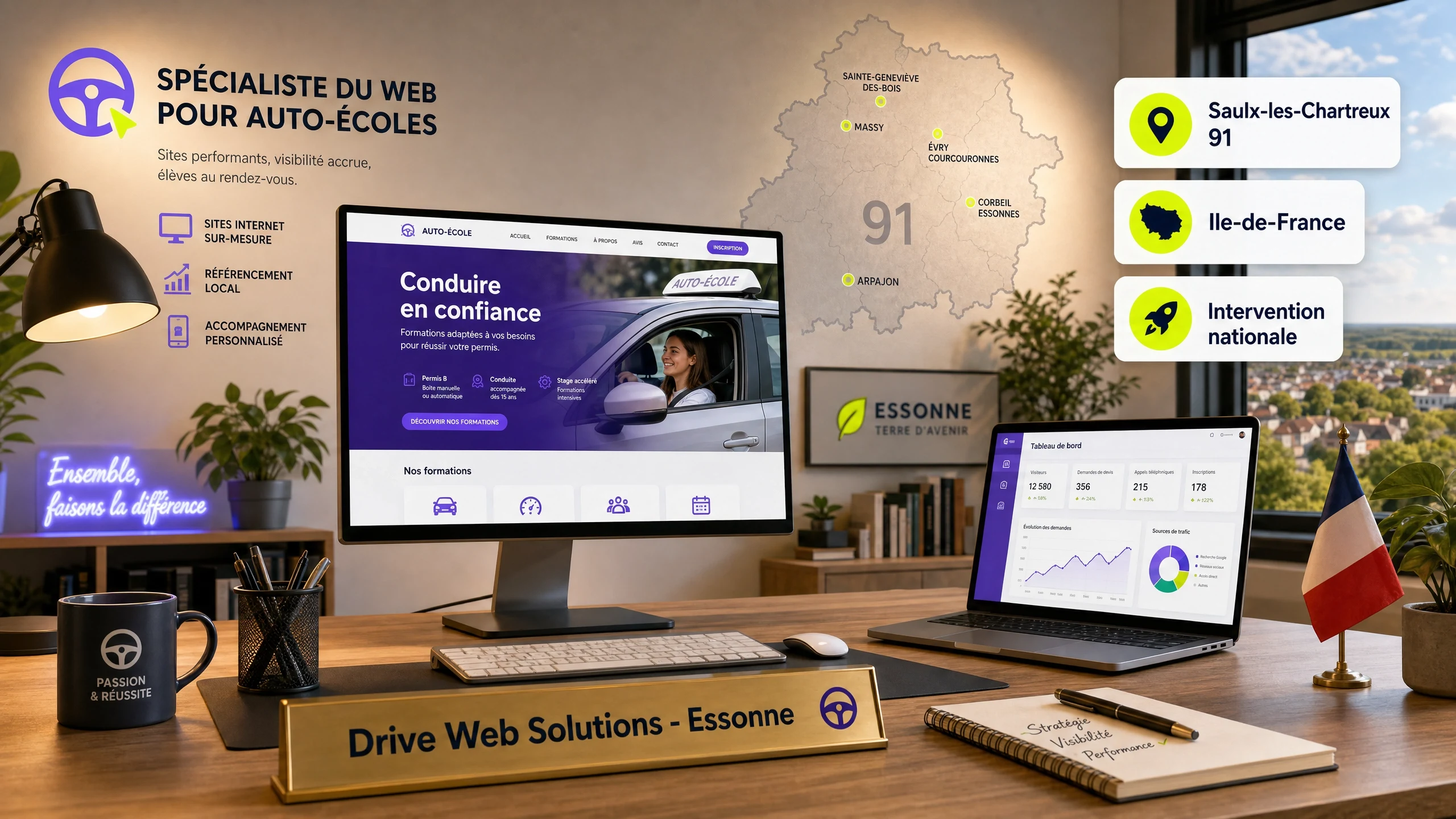 Agence web Drive Web Solutions installée en Essonne (91) - expertise digitale dédiée aux auto-écoles et centres ECSR du territoire