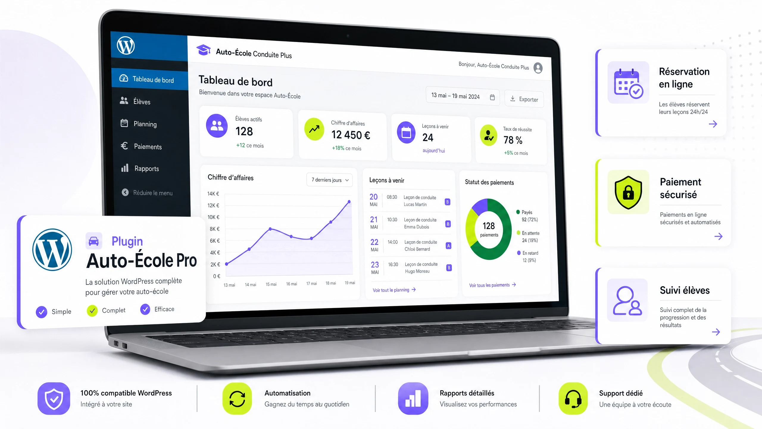 Interface d'administration WordPress simplifiée pour auto-école - tableau de bord avec gestion des élèves, planning, paiements, ANTS et marketing